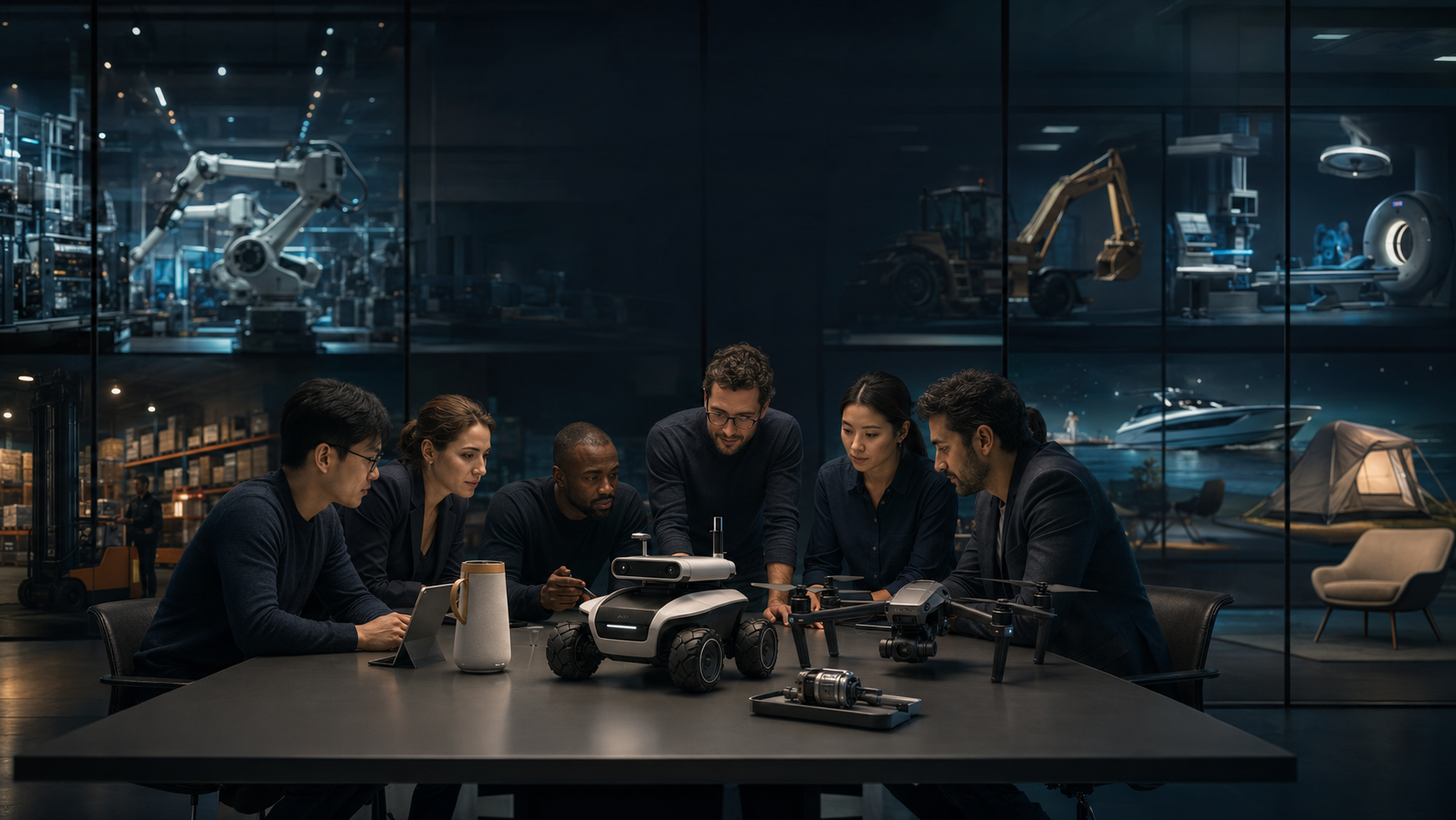 A multidisciplinary team reviewing robotics and advanced product concepts in a technology workspace