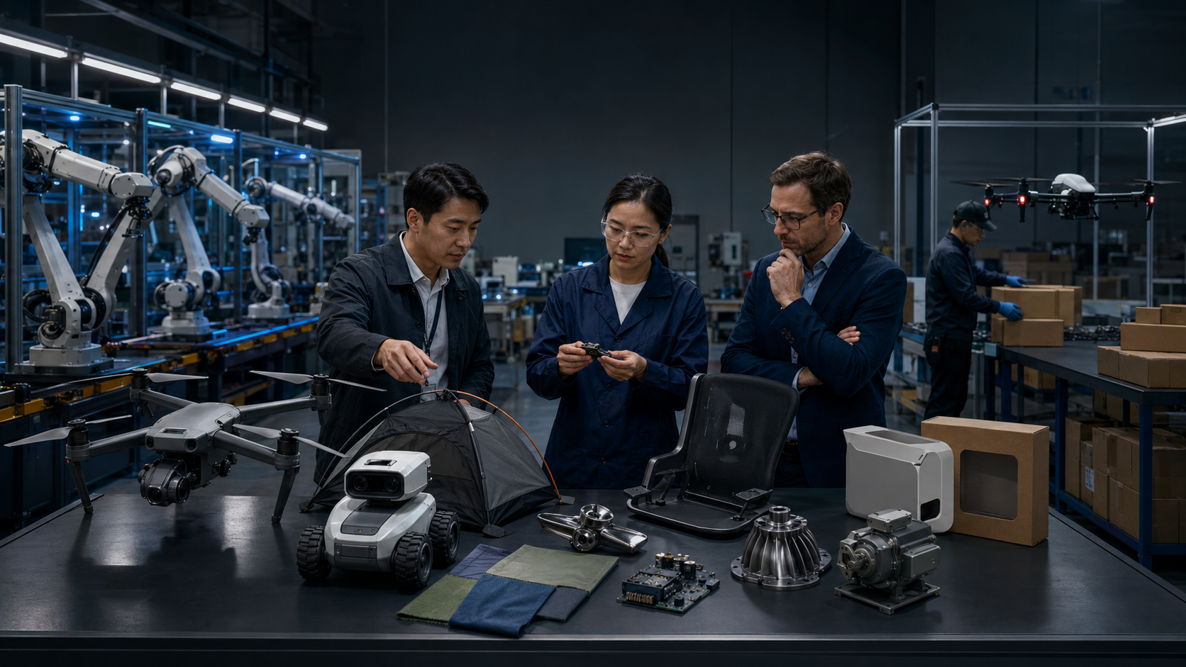 South African and Chinese sourcing specialists reviewing products and quality details in a modern factory