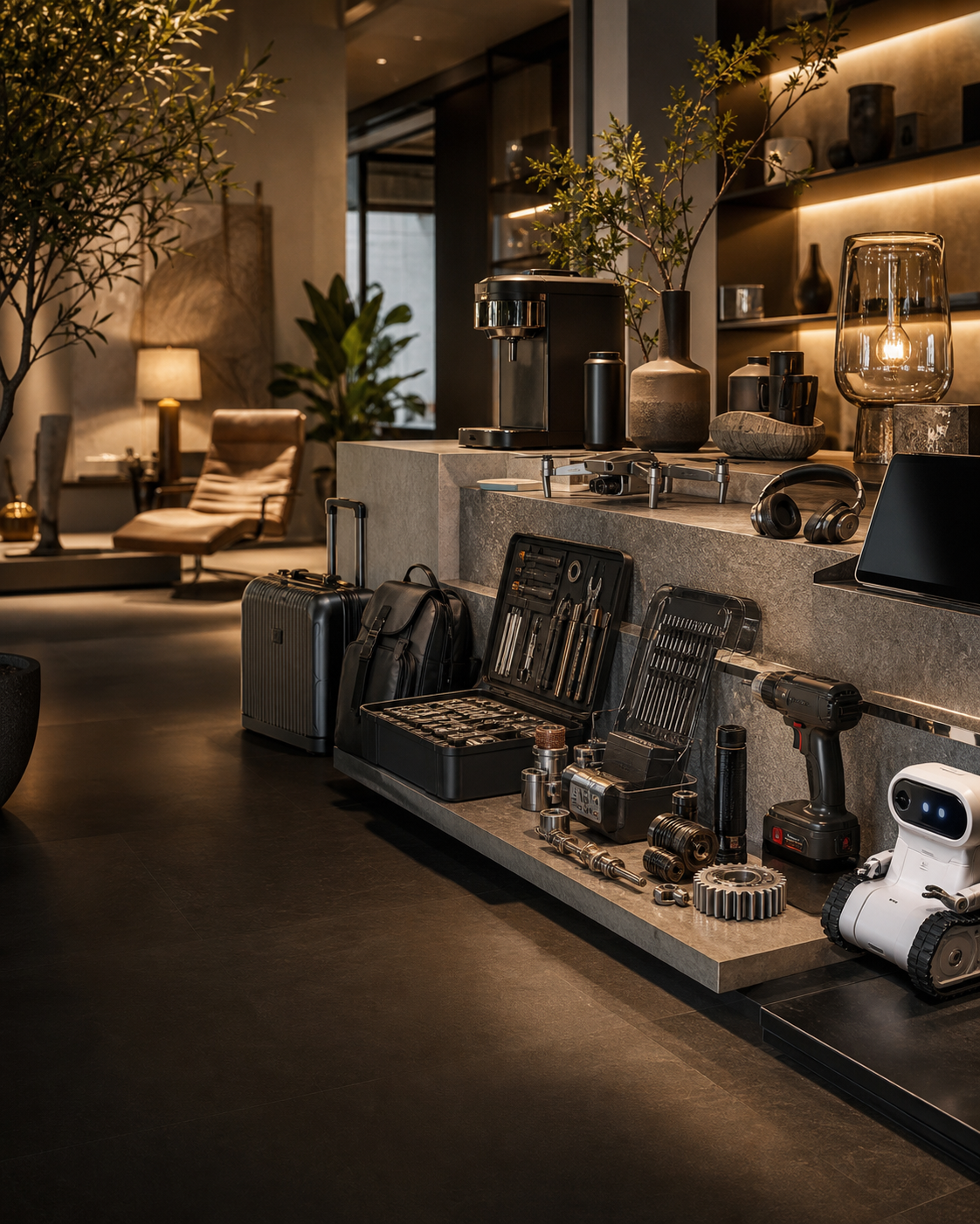 A premium showroom with home, lifestyle, technology, tools and compact robotics products