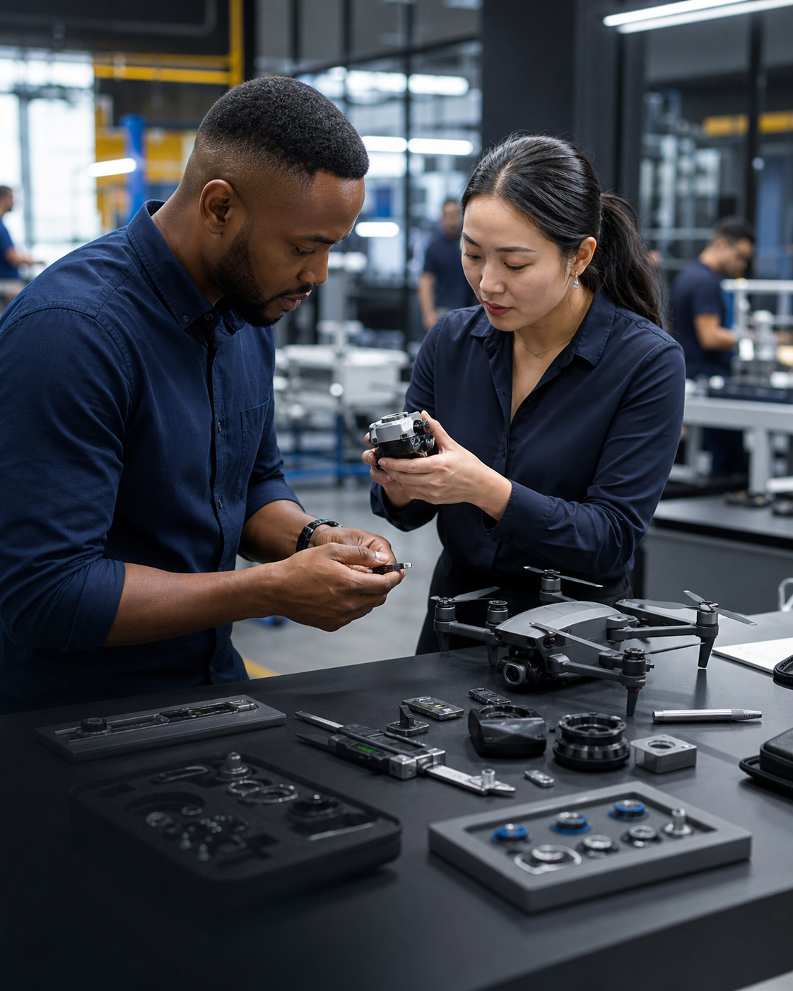 A sourcing specialist and business customer inspecting precision components and a drone sample