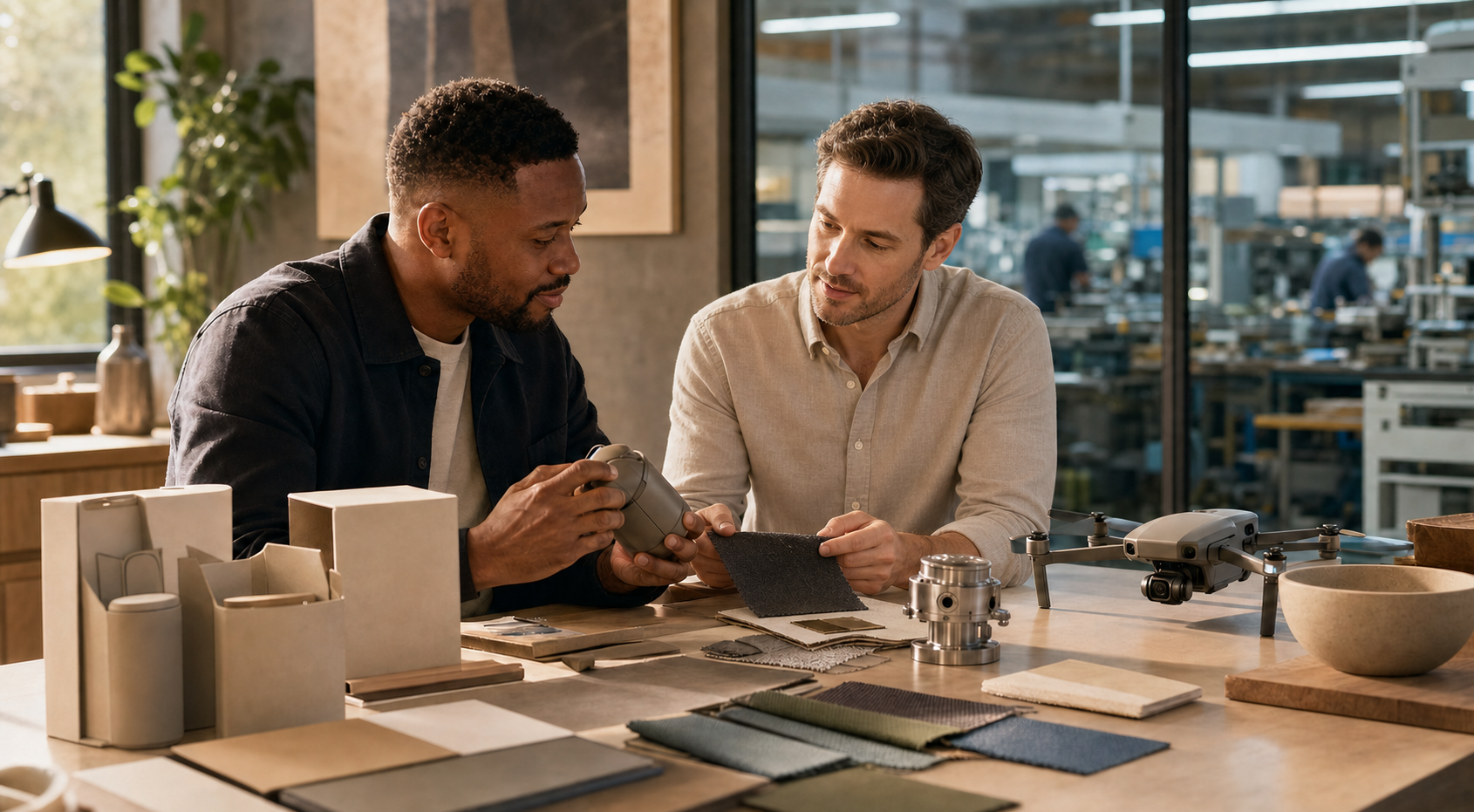 Two product-development professionals reviewing packaging, material samples, a drone and a precision component